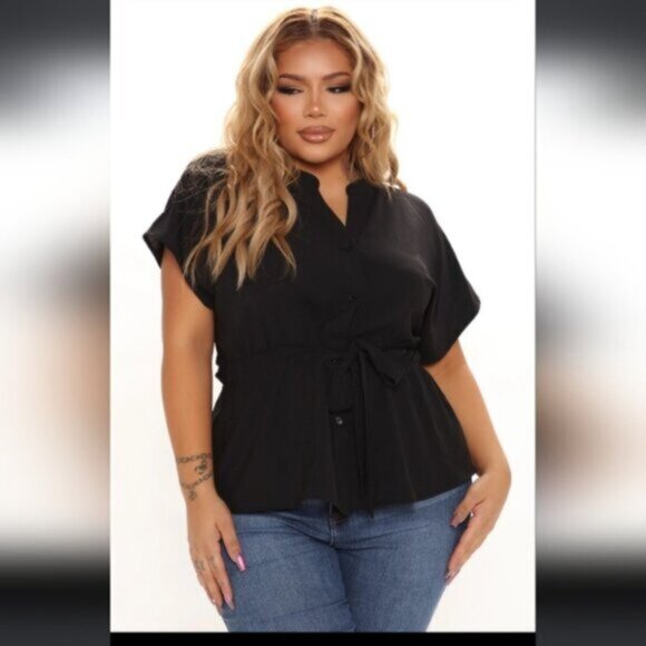 Fashion Nova BLACK Waist No Time Blouse Tie Waist Drawstring Button Peplum - Picture 4 of 5